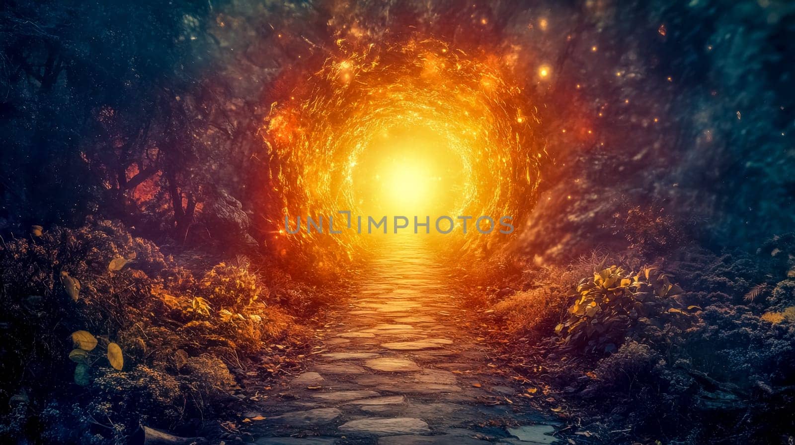 Mystical, glowing gate appears in a dark forest, inviting you to a magical world of adventure and hope