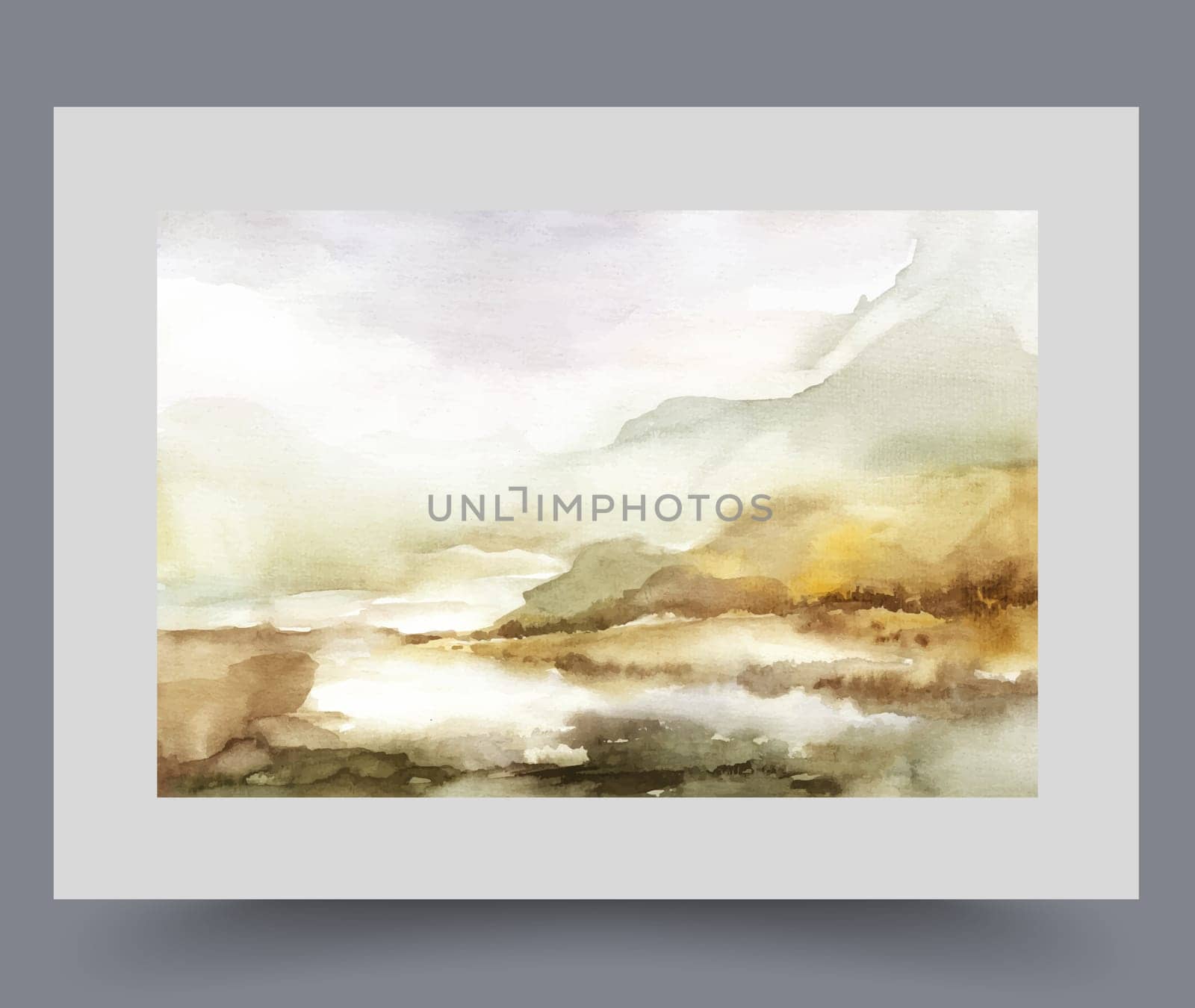 Autumn landscape with marshy areas at foot mountains or high hills, in cloudy weather. Watercolor artwork with autumn nature with picturesque lake with coastline overgrown with wild bushes and trees