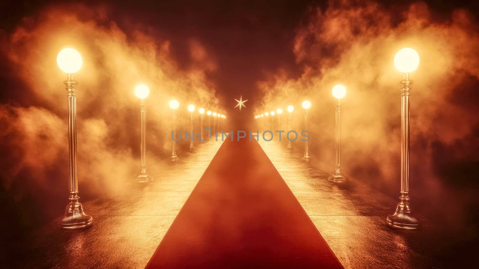 Red carpet disappears into fog, lit by street lights and a star, creating a luxurious and successful vibe with an elegant ambiance