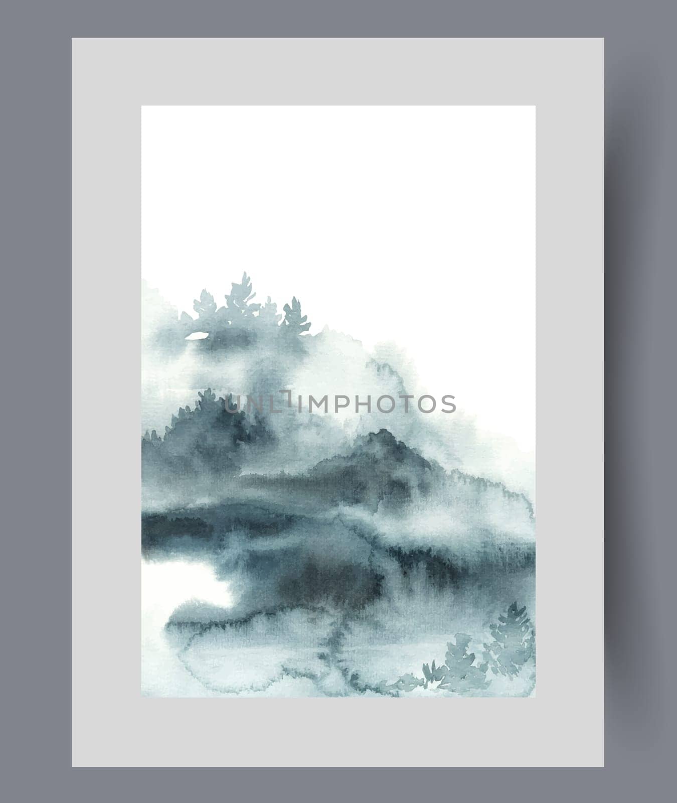 Relief nature with coniferous forest growing on hills in winter weather with clear white sky without sun. Nature Scandinavian region with cold or cloudy climate due to lack of sunlight. Decor, print