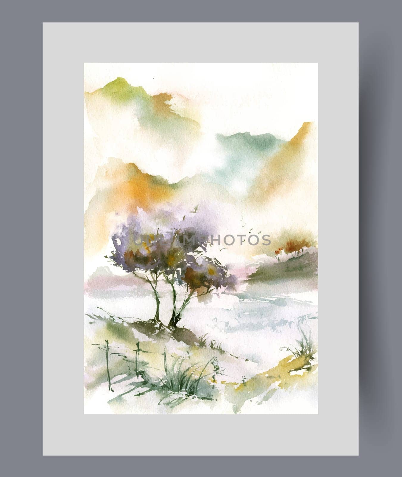 Summer landscape with tree growing on hillside and high mountains on horizon illuminated by bright sun rays. Watercolor poster with summer nature and river flowing in natural park. Wall art, print