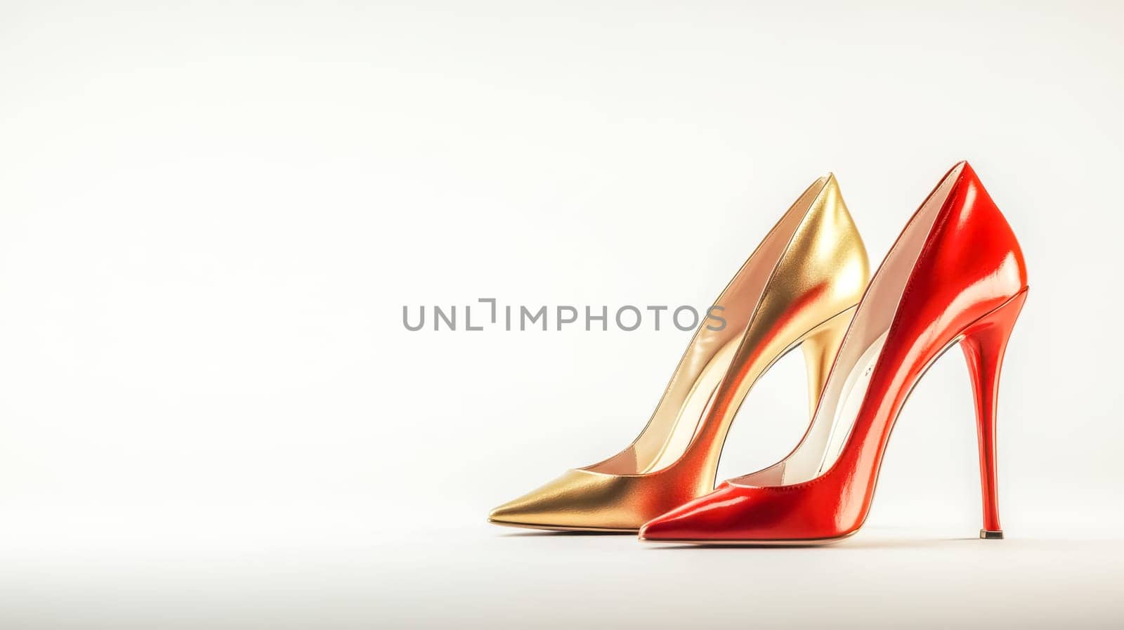 Stunning red and gold high heel shoes on white background, perfect for special occasions, adding luxury and style to any outfit. Ideal for parties, celebrations, and fashion forward women