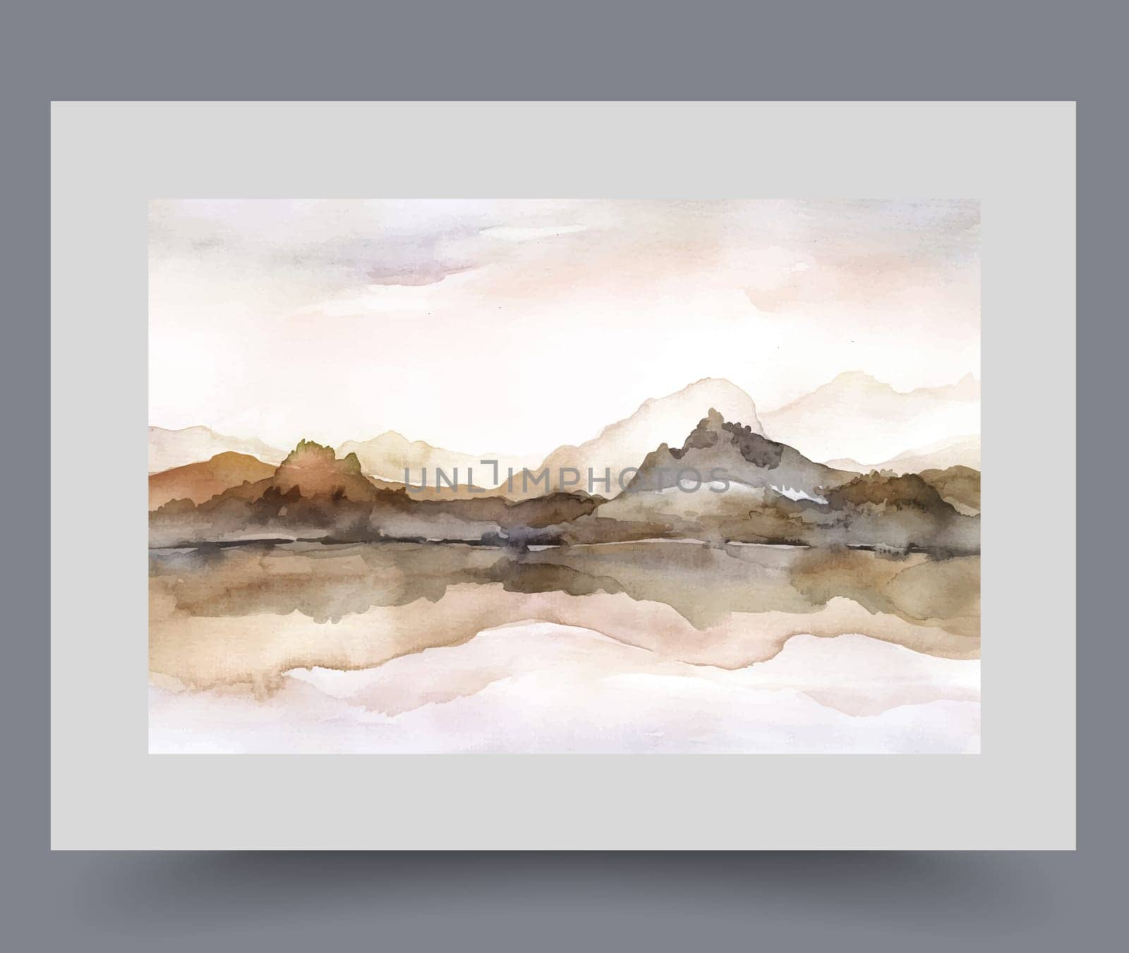 Landscape with river and mountains on coast reflected in water during morning sunrise. Summer watercolour landscape with beautiful nature and quiet lake or sea coast, in ecologically clean place