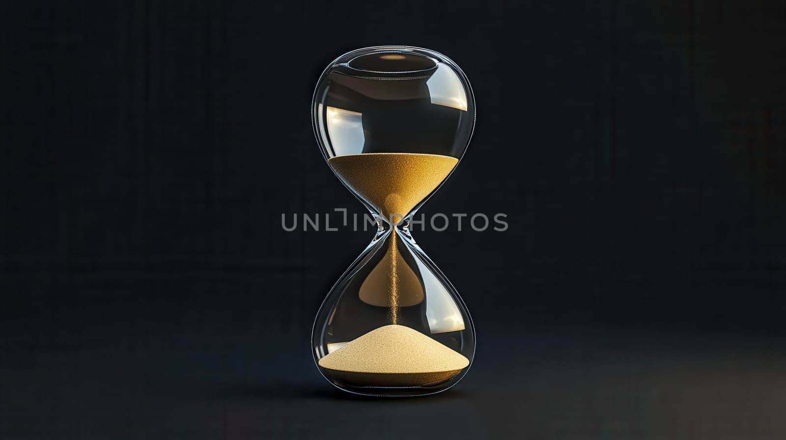 Hourglass with golden sand on a dark background, symbolizing time passing slowly but surely, measuring moments past, present, and future