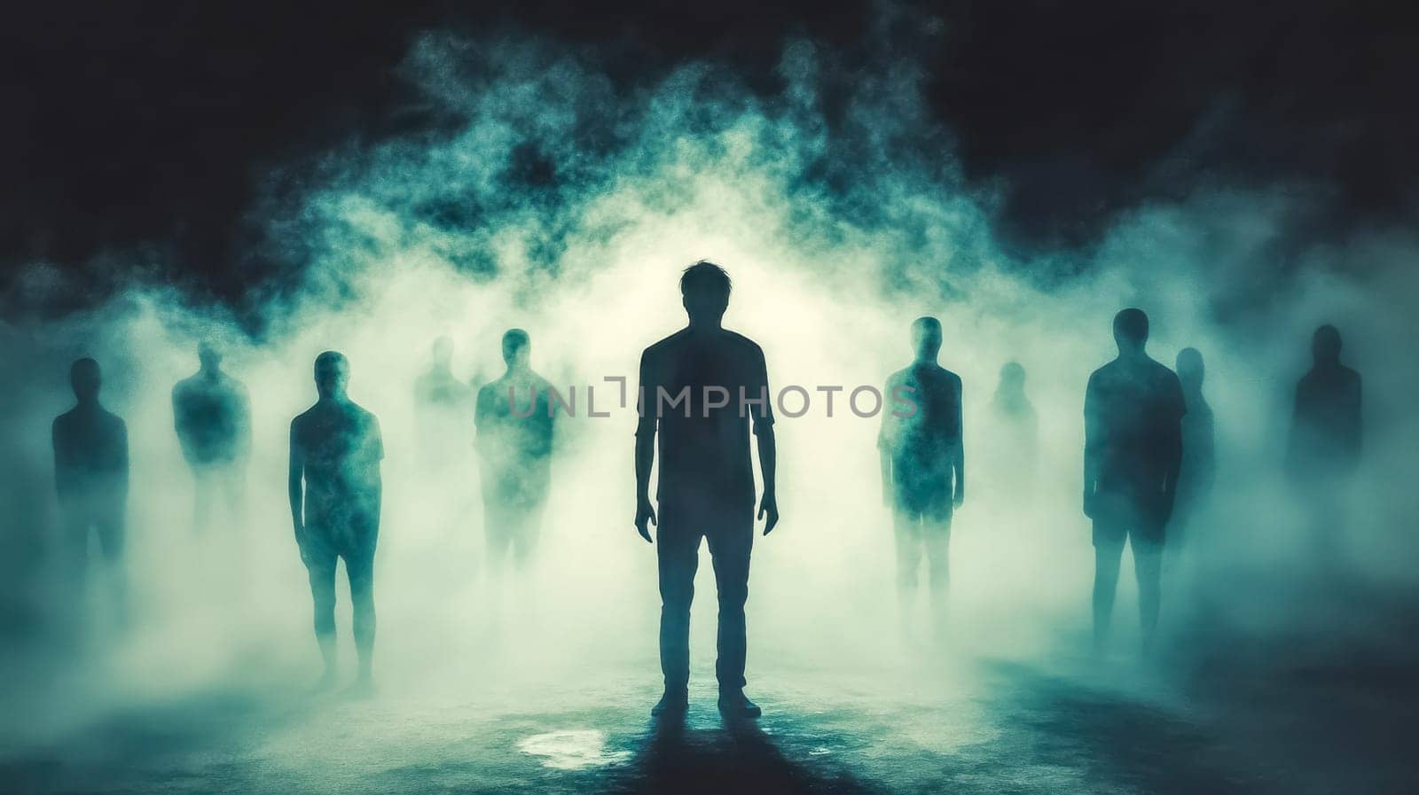 Man stands alone in a spooky foggy crowd, creating a creepy and mysterious atmosphere perfect for halloween or apocalyptic projects