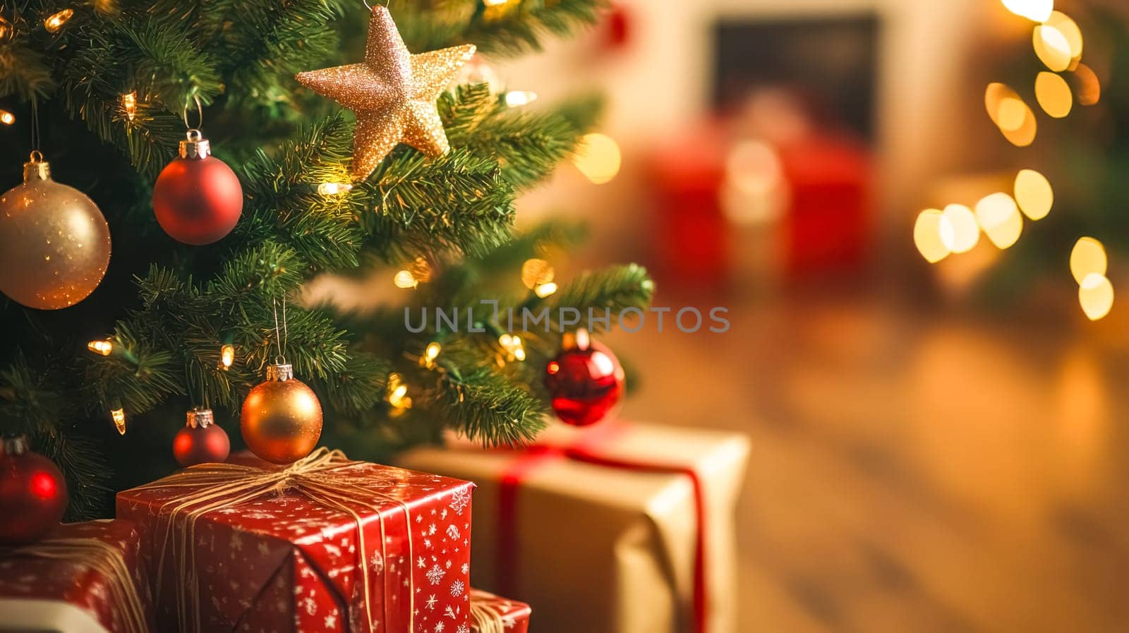 Warm and inviting living room is glowing with christmas spirit as a tree stands decorated with ornaments and twinkling lights