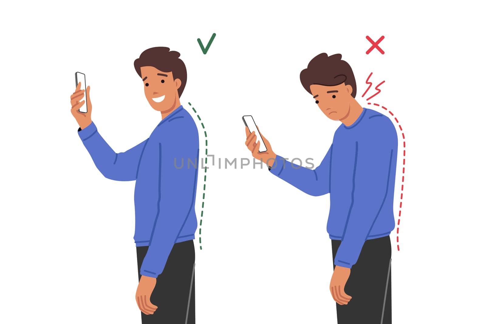 Neck clamp in man with poor posture due to frequent mobile phone use and digital addiction. Problems with posture and spinal curvature in young guy who needs help of chiropractor or massage therapist