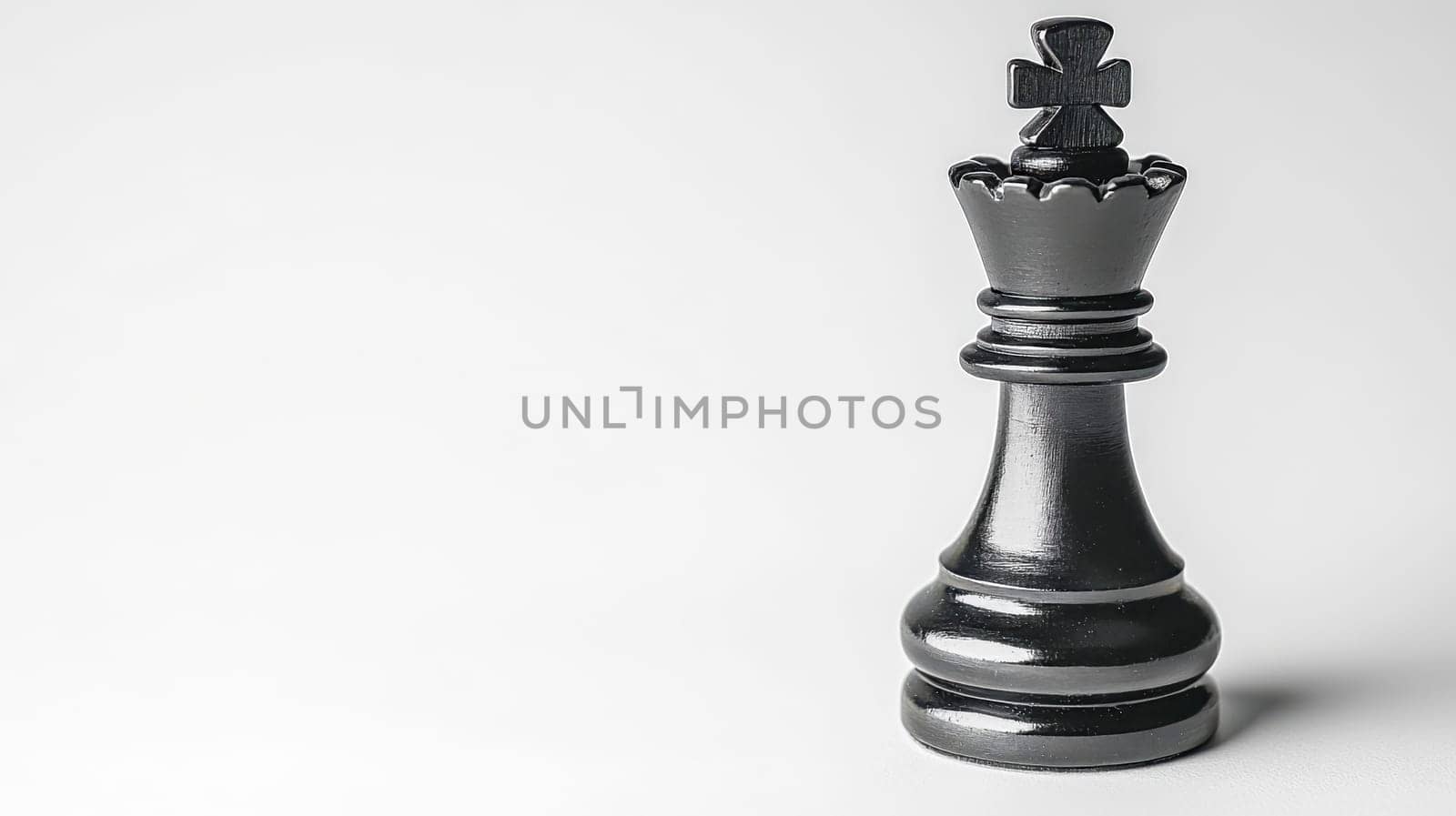 Lone black queen chess piece is standing in the center of a white background, emphasizing the concepts of power, strategy, and victory