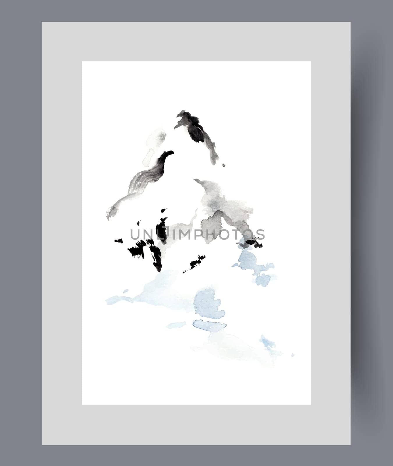 Landscape with lonely winter mountain with snow-covered slopes for wall design in minimalist style. Watercolor poster with mountain or rock from alpine region, for lovers of adventure and climbing