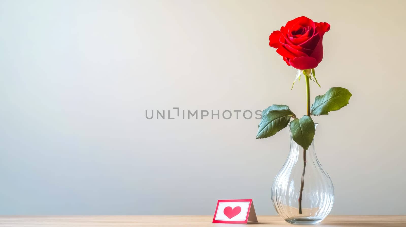 Single red rose standing in a glass vase on a table with a greeting card leaning on it. The perfect image for valentine's day, anniversaries or romantic occasions