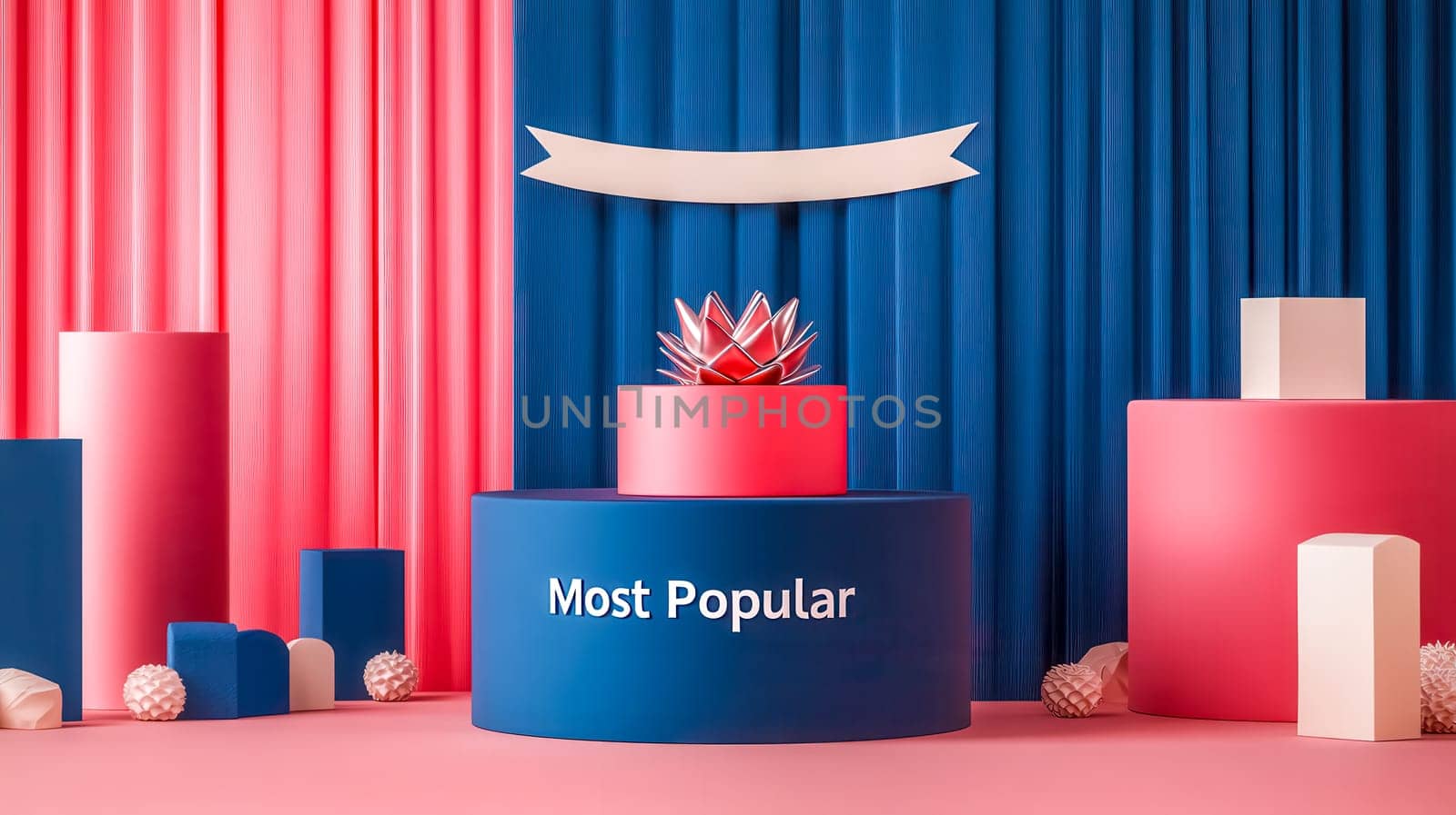 Blue podium displaying the words most popular is showcasing a product on a pink stage with a blue curtain backdrop. This colorful stage draws attention to the popularity of the product