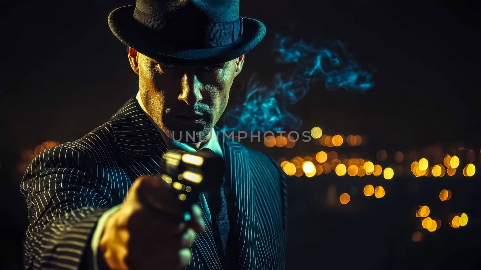 Dangerous man in a sharp suit and stylish hat holds a gun with swirling smoke, against city lights, exuding danger and criminality of a bygone mafia era