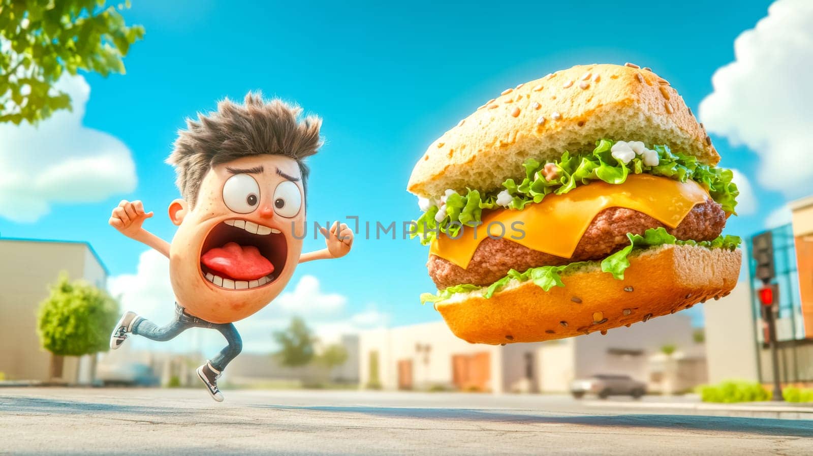 Cartoon character runs in fear from a giant cheeseburger flying in a suburban street, capturing humor and danger of unhealthy food temptations