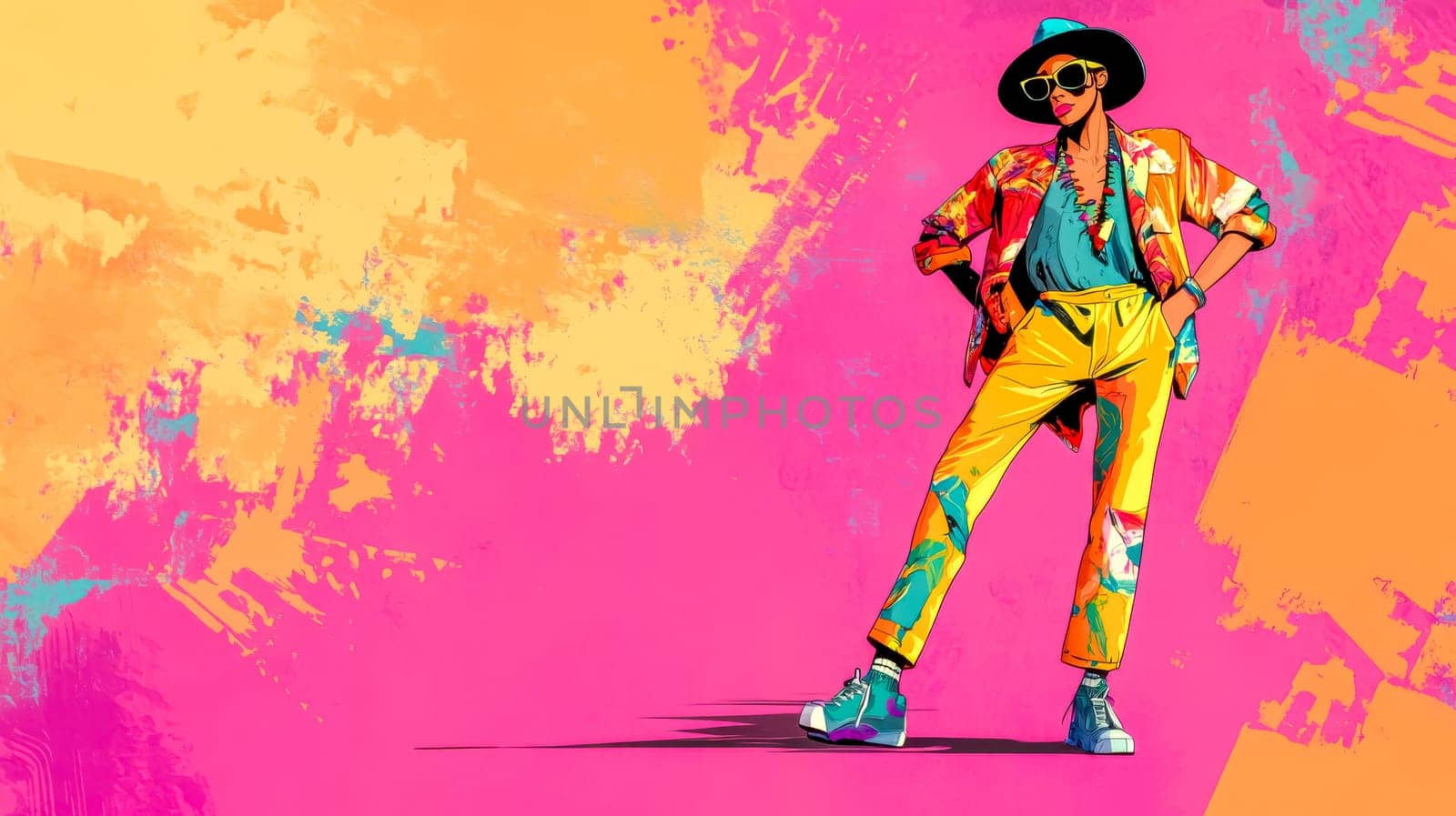 Fashionable woman is striking a pose with her hands on her hips, showcasing her unique style against a vibrant and artistic backdrop