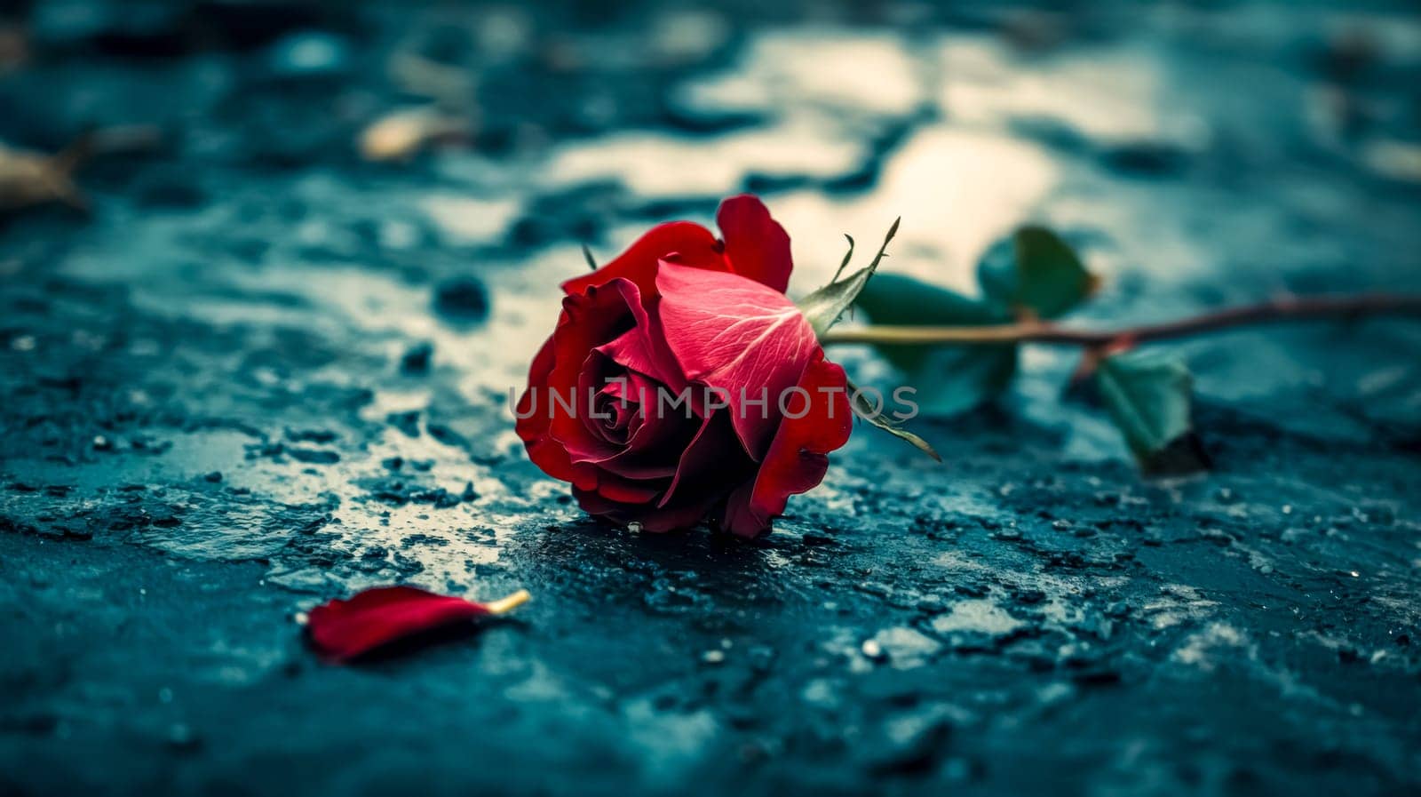 Red rose on wet asphalt symbolizes love and loss, with raindrops adding emotion in a dark setting