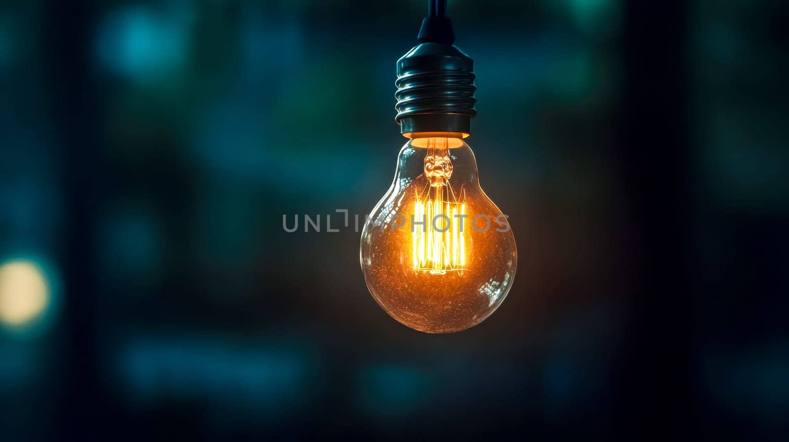 Solitary lightbulb hangs in a dim room, casting a warm glow. The blurred background adds a vintage feel, creating a cozy atmosphere symbolizing ideas and inspiration