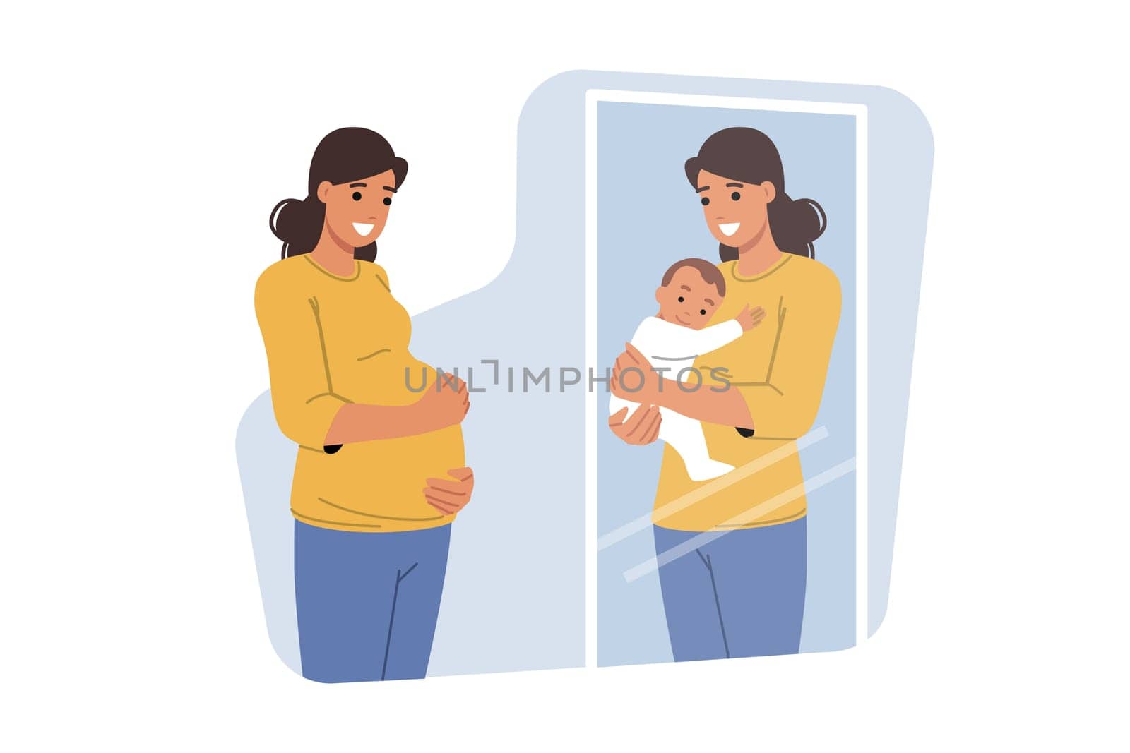 Pregnant woman looks in mirror and sees in reflection wonderful baby in own arms, dreaming of son. Positive pregnant girl smiles, rejoicing at opportunity to become mother and raise daughter