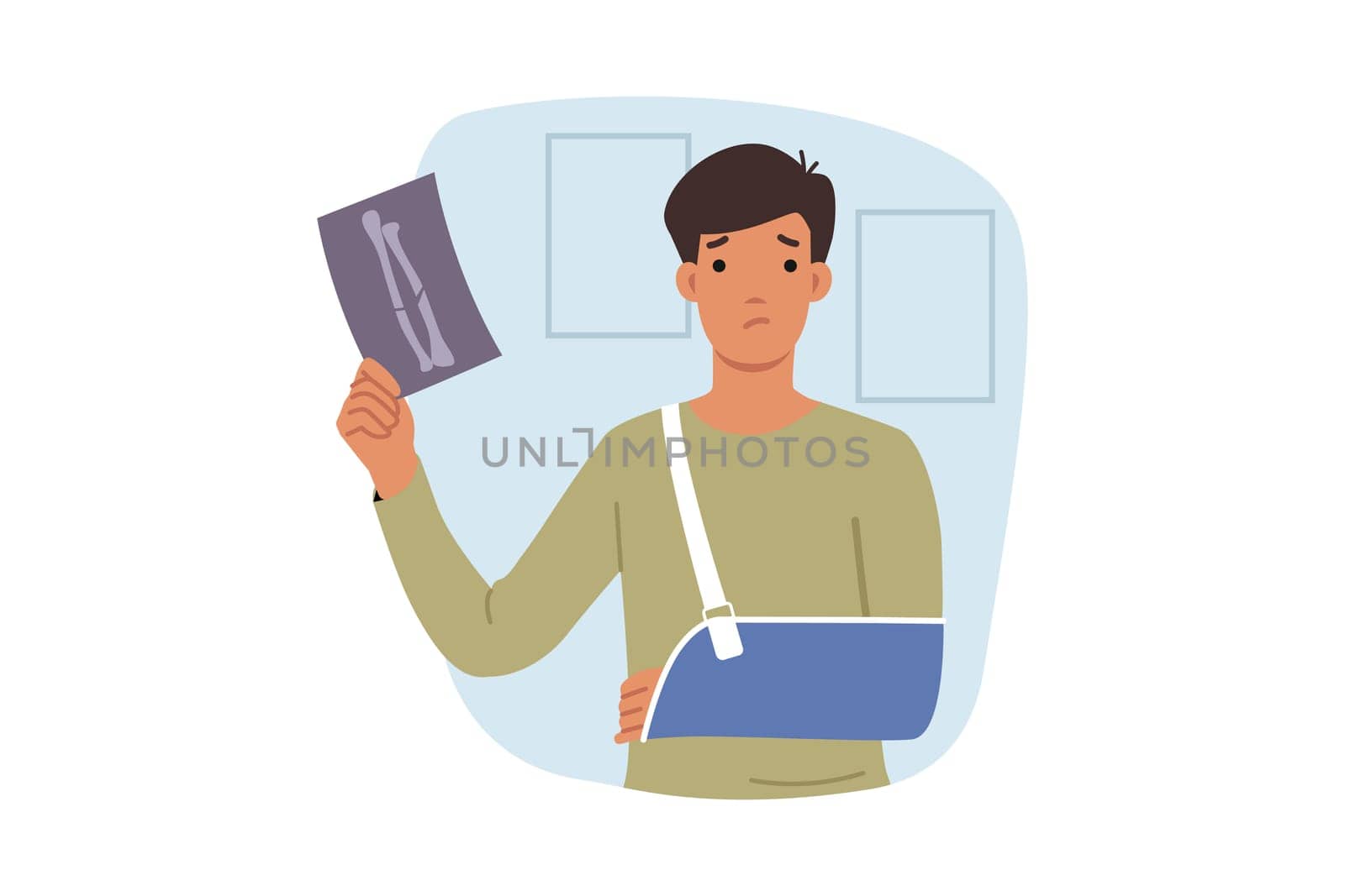 Man with injured arm shows x-ray, wanting to receive payment from insurance company. Concept of medical insurance for people injured in car accident and in need of long-term rehabilitation