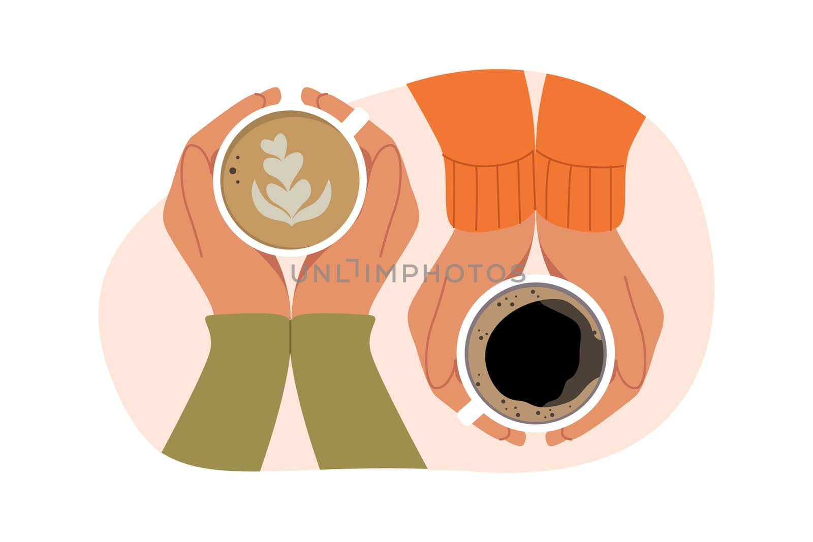 Cups of hot coffee in hands of friends enjoying taste of warm drink that allows to fill body with vigor. Delicious black coffee and cappuccino or latte in hands of friends having coffeebreak
