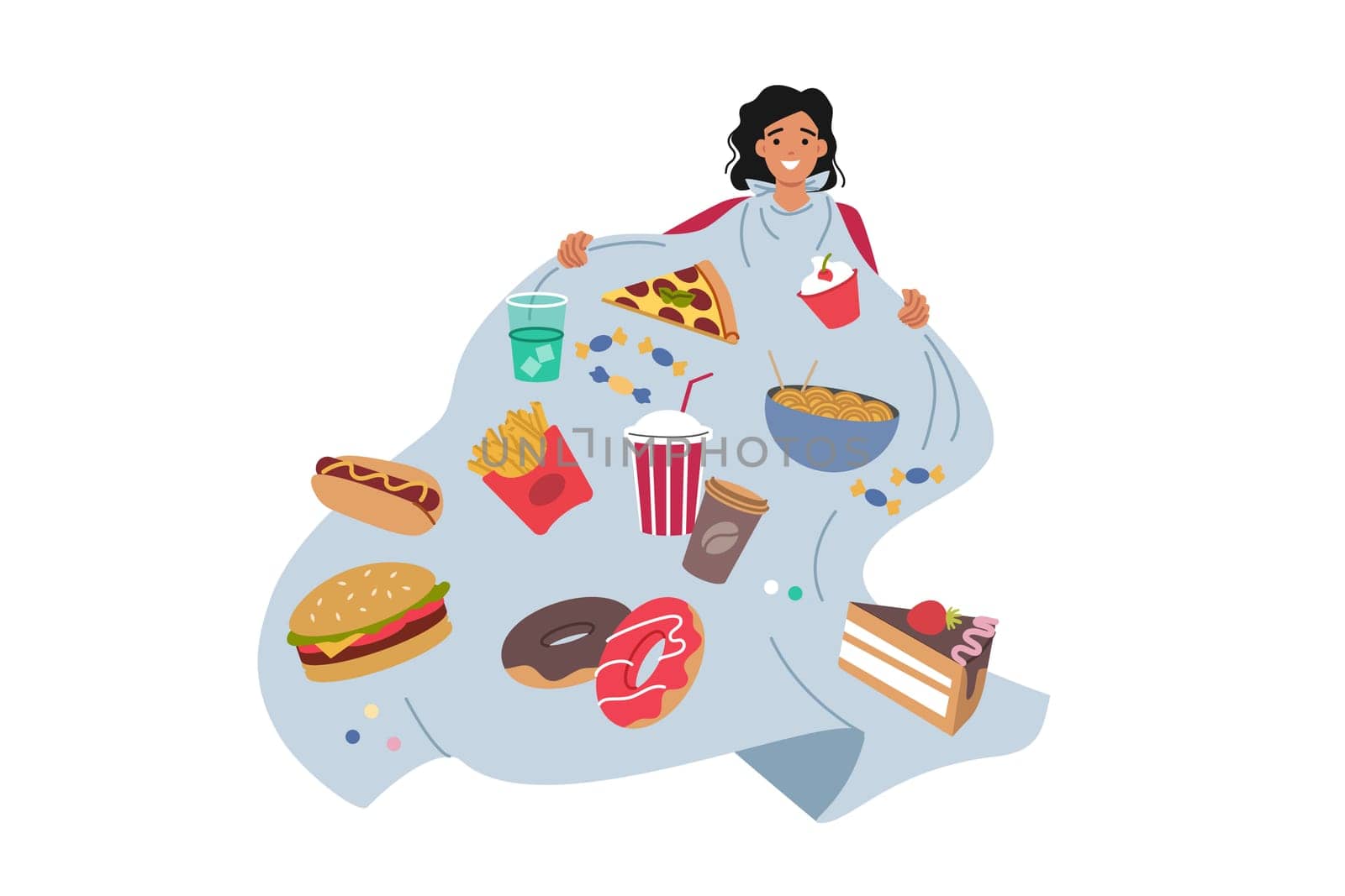 Problem of gluttony and overeating in woman, addicted to junk food and soda that destroys health. Girl suffers from gluttony due to psychological trauma or compulsive personality disorder