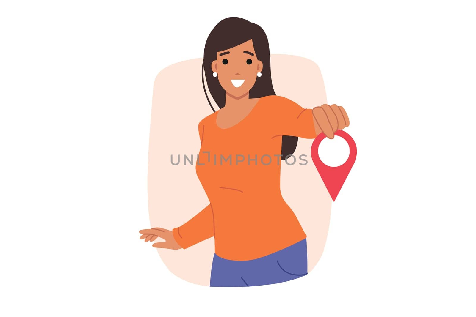 Woman with GPS pin in hands smiles, indicating delivery address or helping with navigation. Girl tour guide demonstrates GPS pin, marking must-see place while traveling around world.