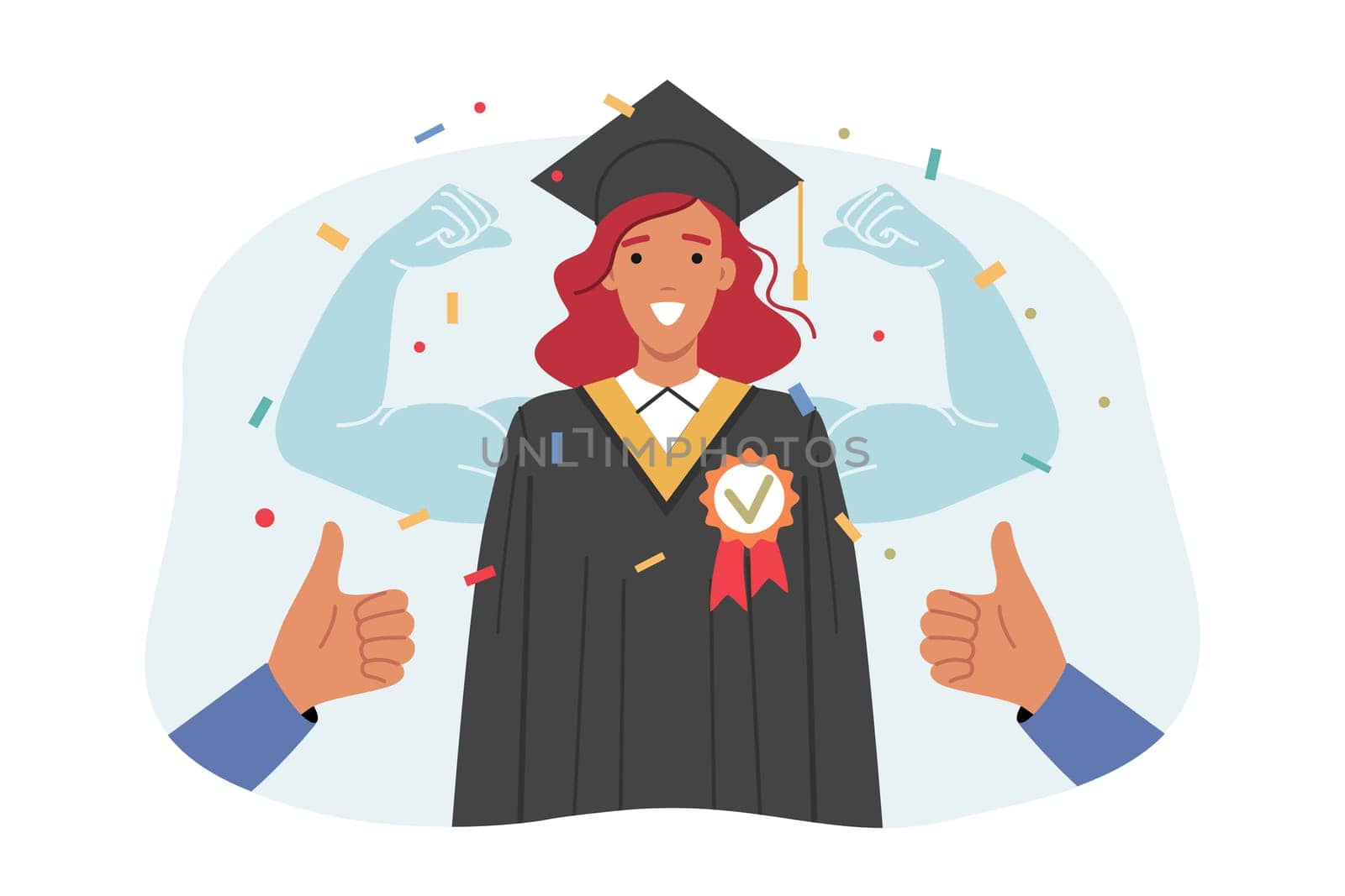 Woman university graduate in academic robe and hat, feeling strength and pride after completing studies. Highly qualified graduate who has received higher education feels support of society