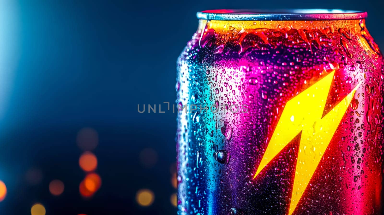 Vibrant, refreshing energy drink can with condensation, against a blue background with out of focus lights, perfect for parties or nightlife