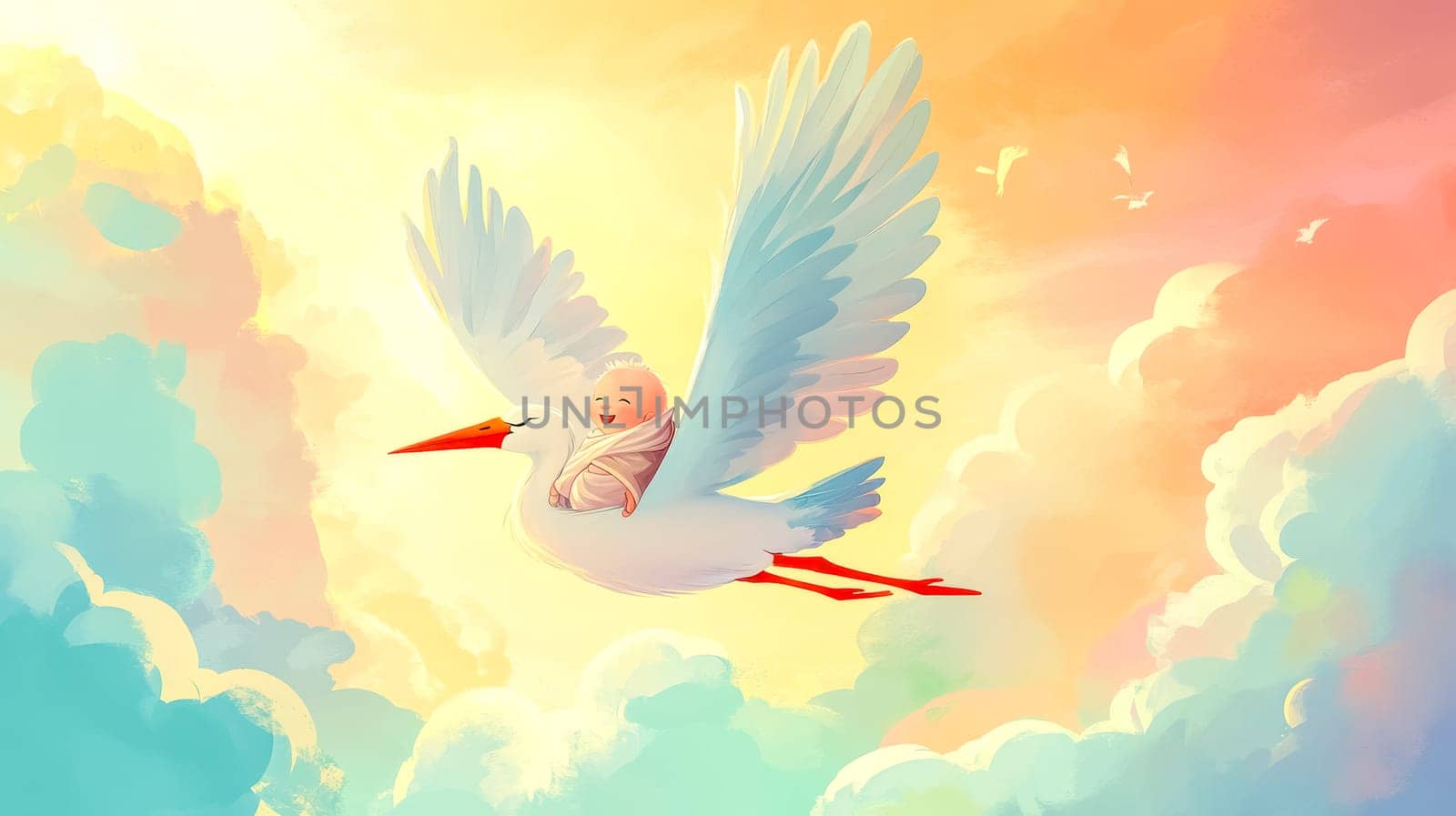 Stork gracefully flying with a newborn baby at sunset, evoking warmth and joy. A whimsical illustration symbolizing new life and love