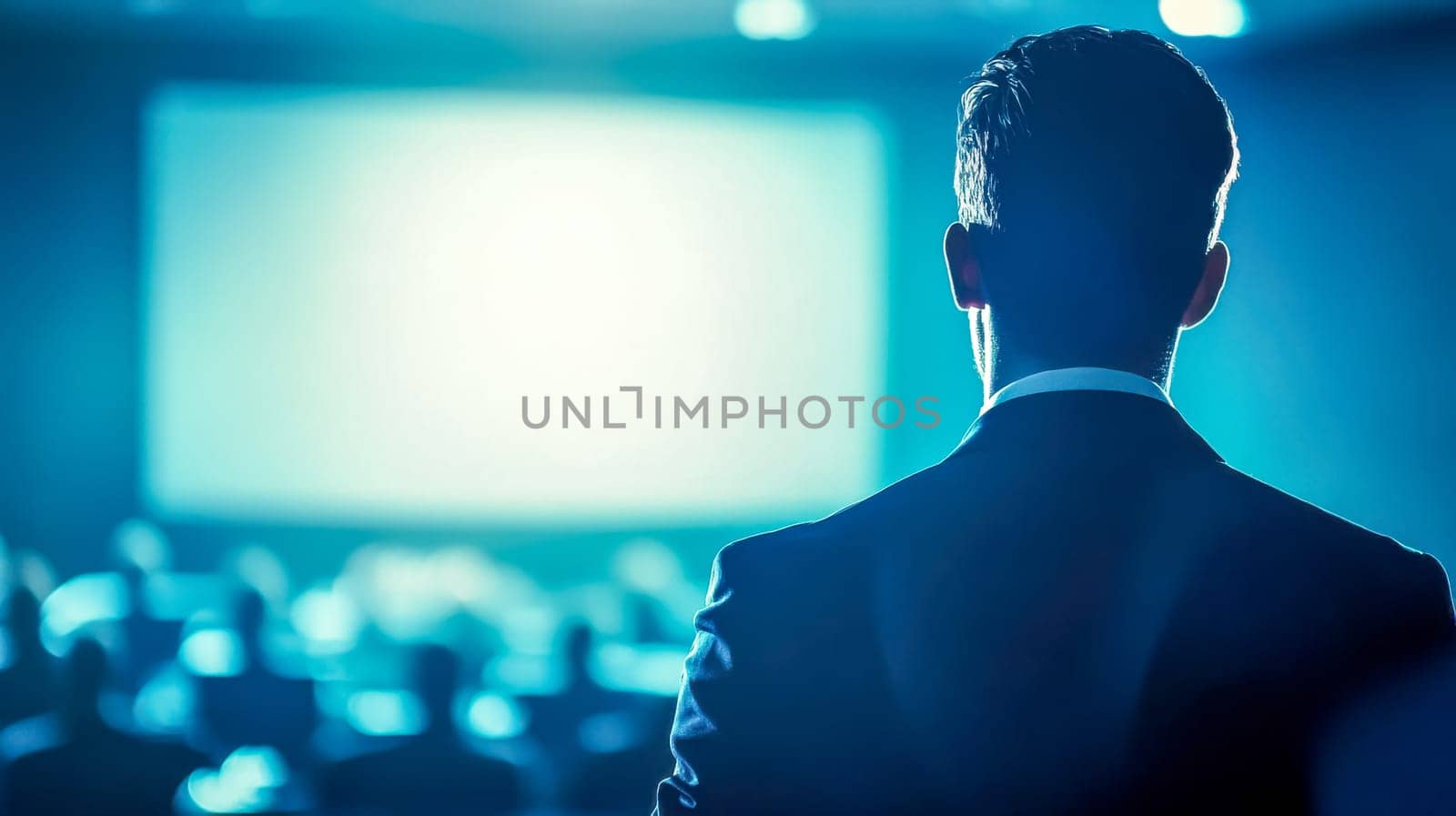 Confident businessman presenting new project on stage at conference, using technology for strategic marketing and financial info, inspiring teamwork and collaboration