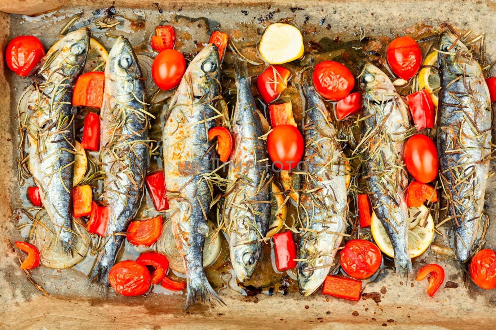 Oven baked italian fish sardoncini or sardines, with tomatoes, lemon and rosemary.