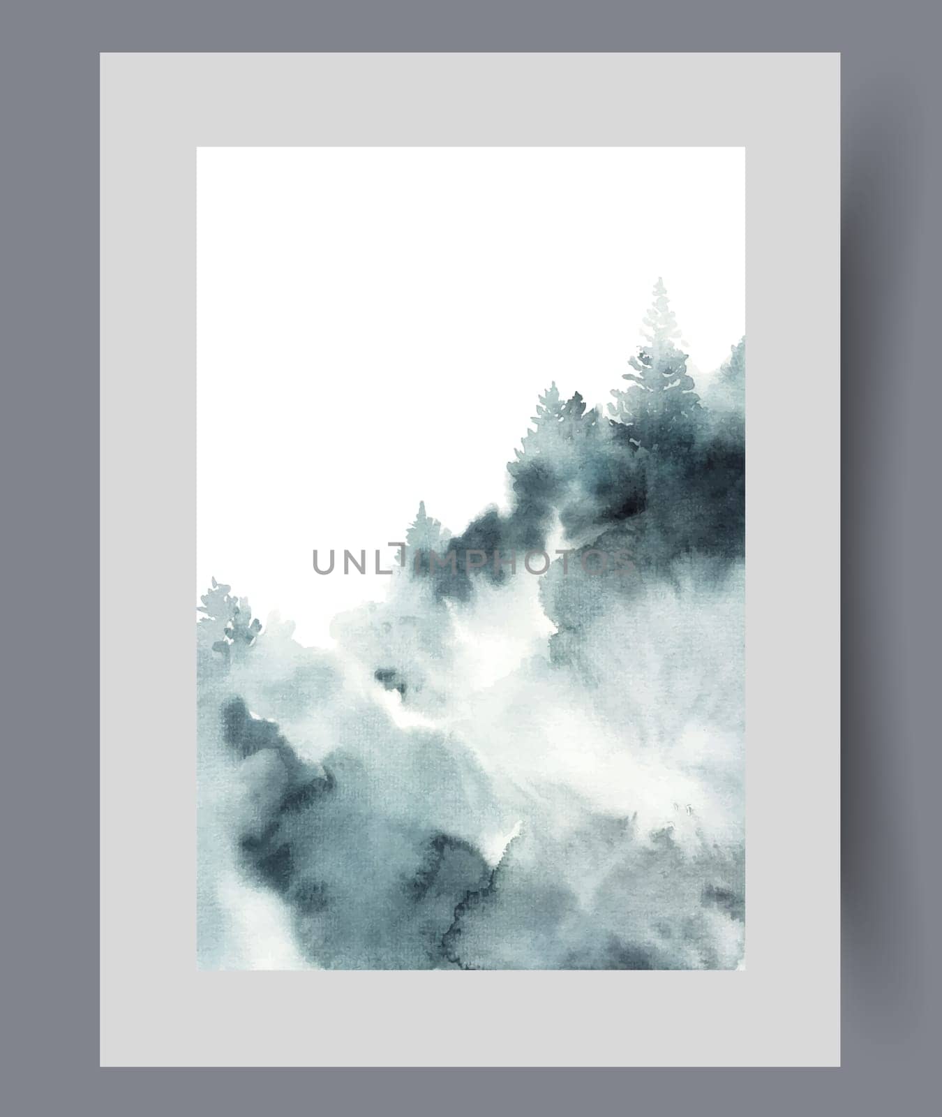 Coniferous forest landscape with firs growing on mountain slopes under white sky. Northern nature with coniferous taiga, in autumn foggy weather to illustrate articles on environment. Artwork, print
