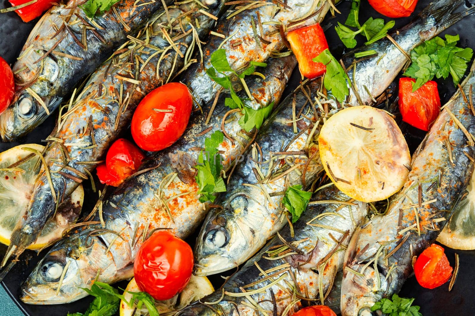Oven baked italian fish sardoncini or sardines, with tomatoes, lemon and rosemary.