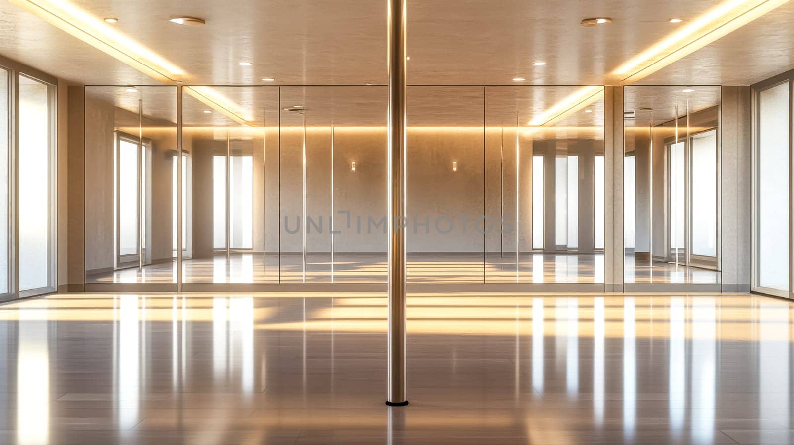 Sunlight streams into a dance studio with mirrors and a wood floor, creating a warm, inviting, and serene space for yoga, pilates, or barre