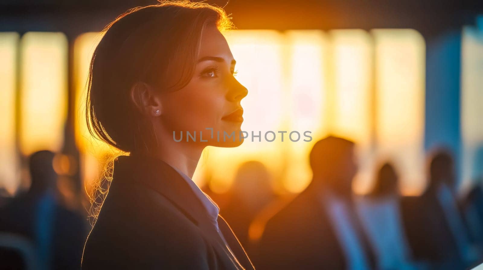 Businesswoman is listening intently to a speaker at a business conference, silhouetted against a window with golden sunset light