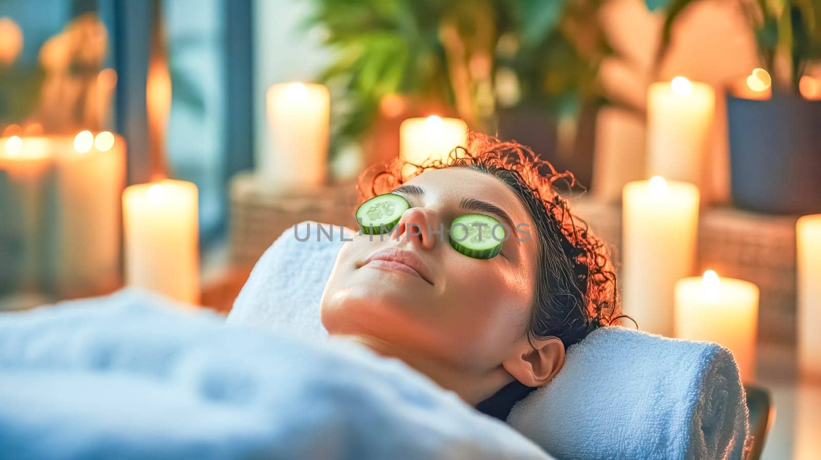 Young woman is enjoying a relaxing spa treatment with cucumber slices on her eyes, surrounded by soft lighting and a tranquil atmosphere