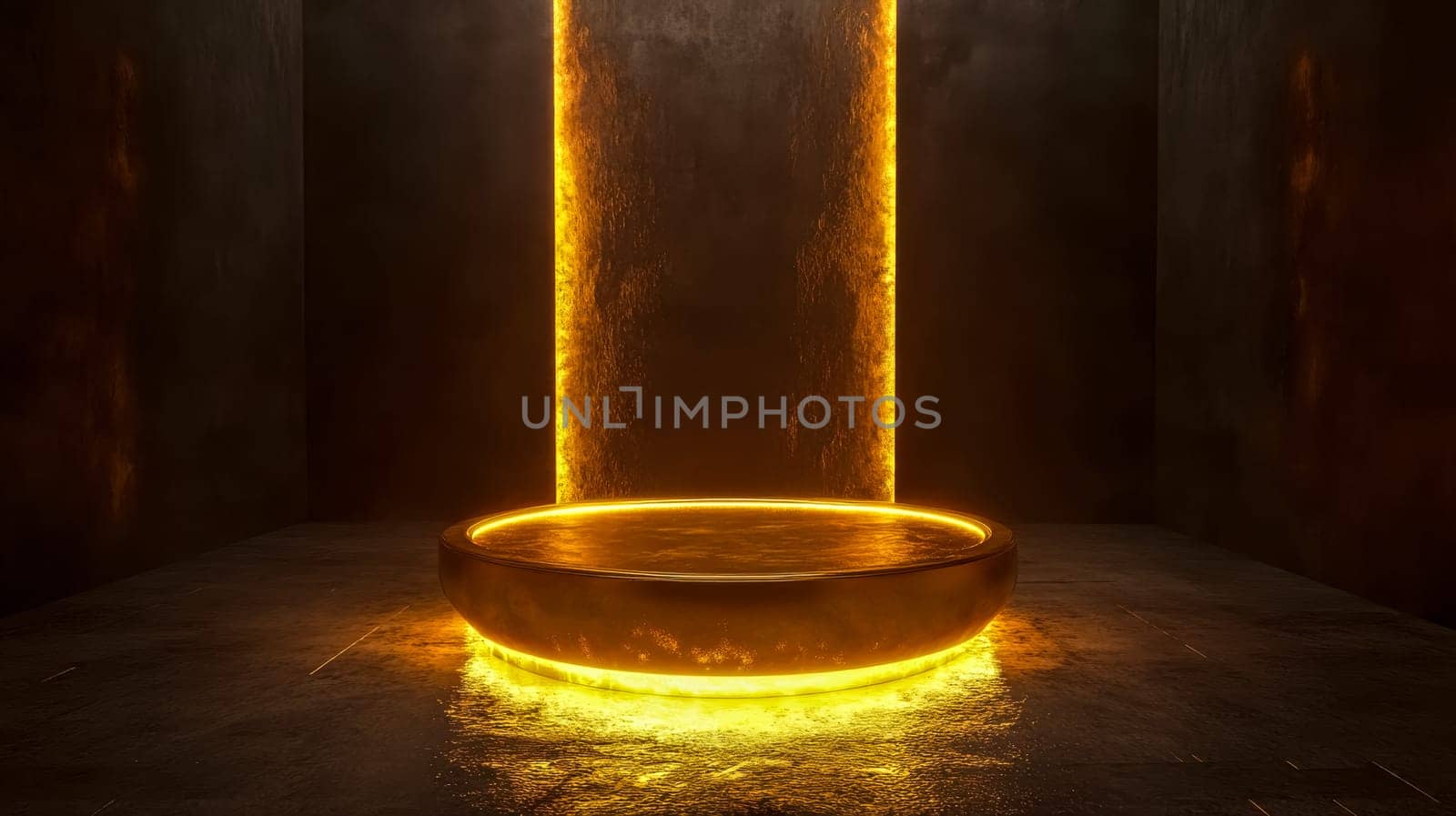 Round podium is glowing with yellow light in a dark interior with empty walls, perfect for showcasing products. The scene is lit by two vertical lines of light