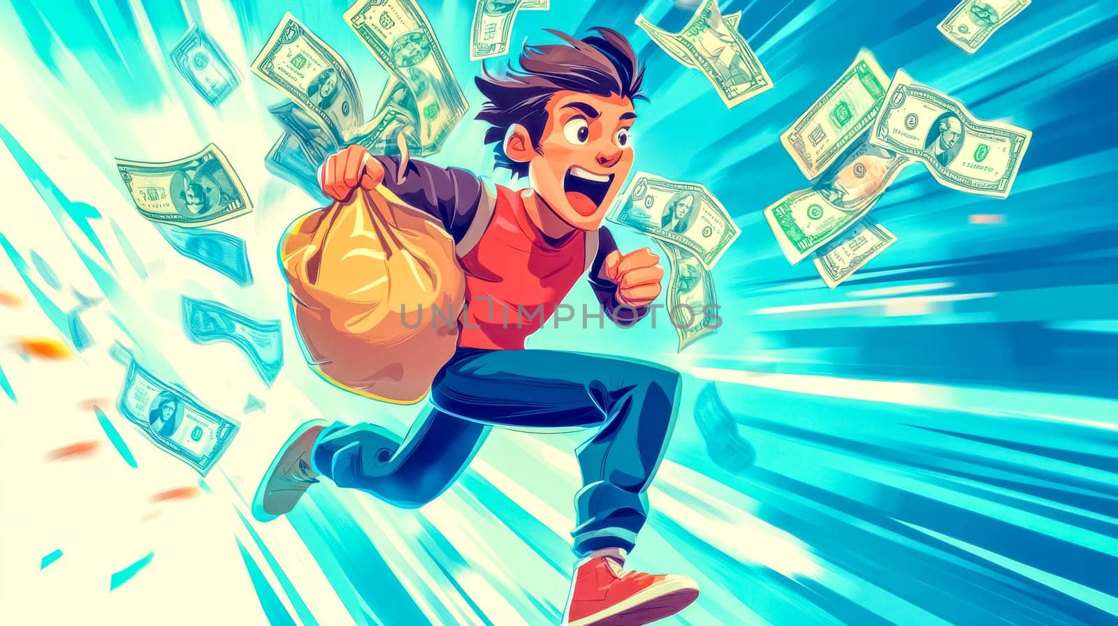Man running with a bag of money, surrounded by swirling dollars, symbolizing determination and ambition in achieving financial goals