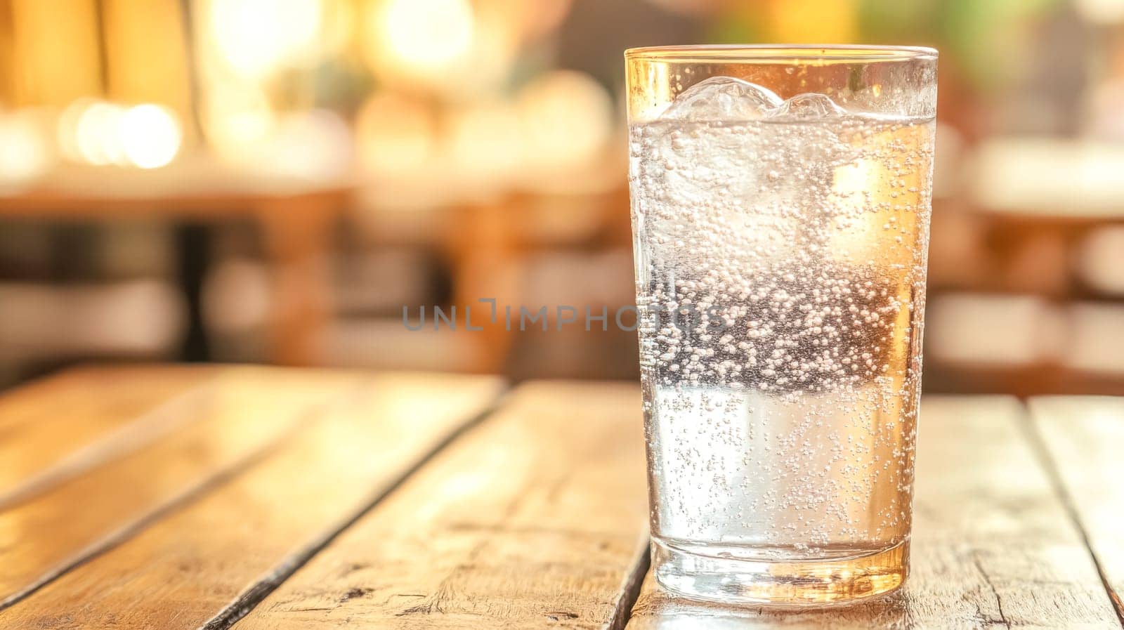 Refreshing glass of sparkling water with ice sits on a wooden table in a busy restaurant, providing a cool and crisp beverage option