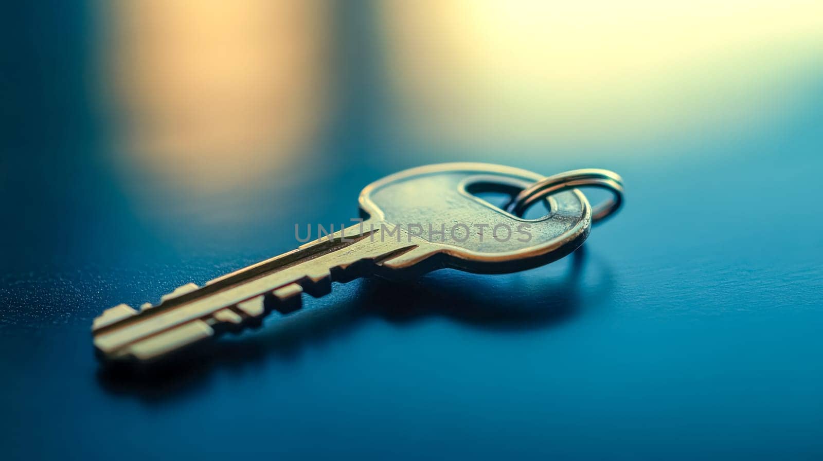 Brass key on blue surface reflects warm light, symbolizing security and sophistication. Perfect for concepts of access, home, or business. Vintage feel with golden hue against blue background