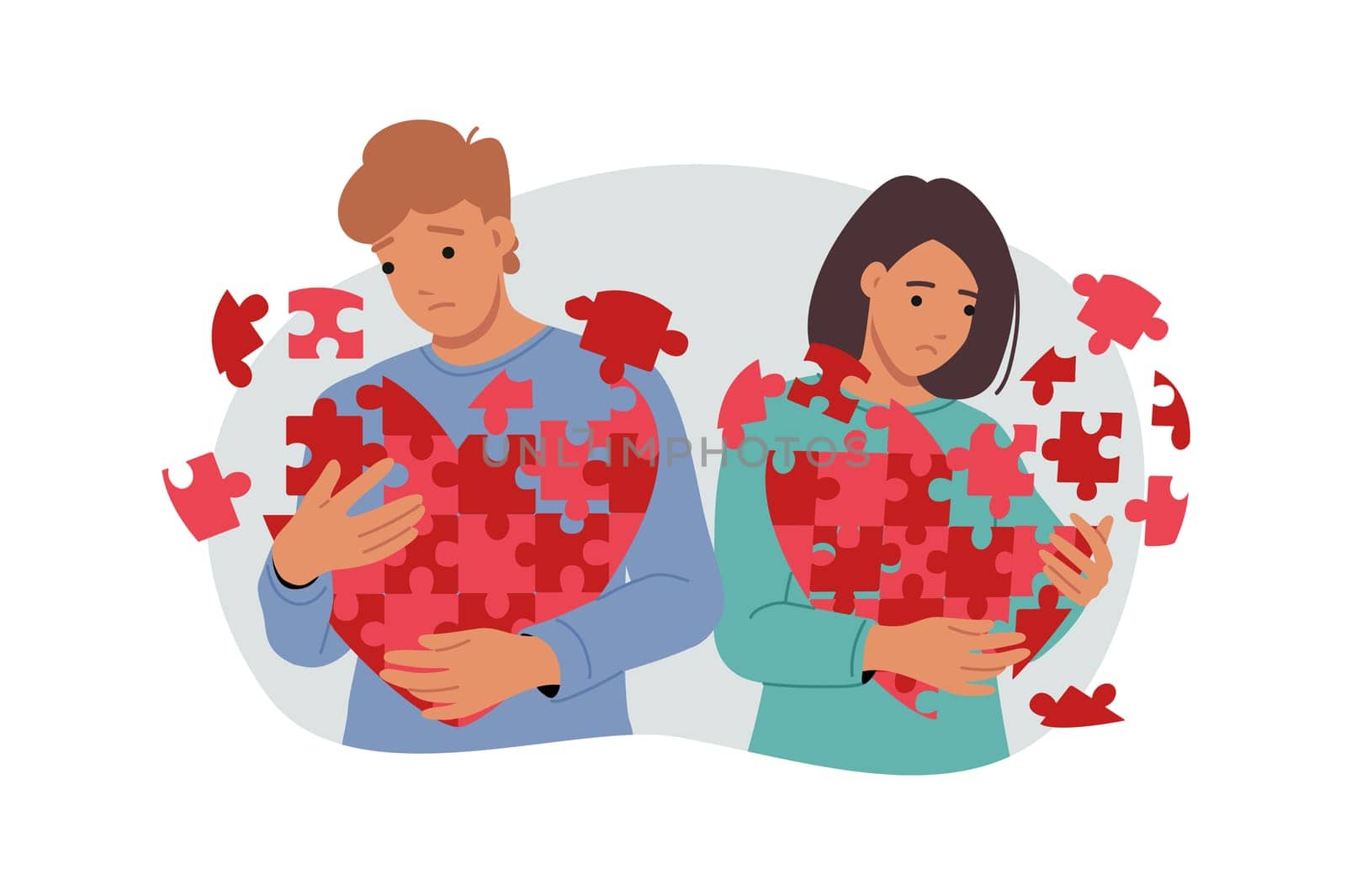 Relationship problems for romantic couple feeling death of love and holding disintegrating hearts. Depressed man and woman need family psychologist to maintain strong relationship.