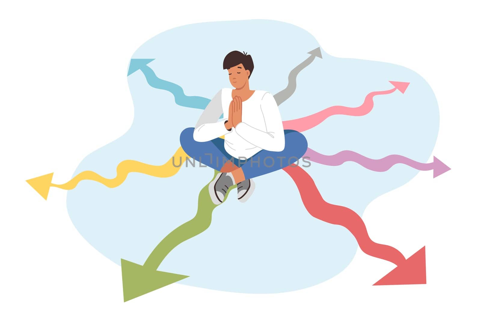 Man meditates sitting on crossroads and pondering path for development and right direction for growth. Guy chooses path, closing eyes and thinking about future, demonstrating strategic thinking skills