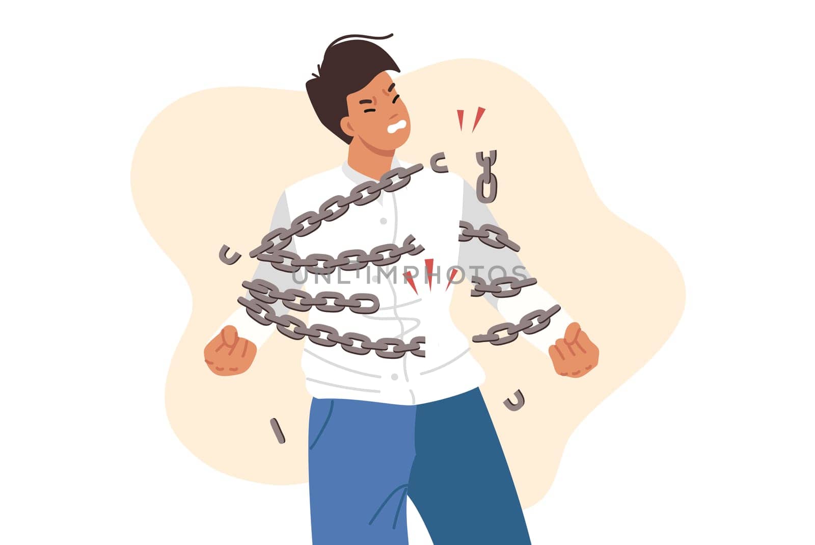 Brave man breaks chains symbolizing NDA contract in business, wanting to restore own rights. Young guy struggles with restrictions and chains, refusing to be hostage to uncontrollable situation