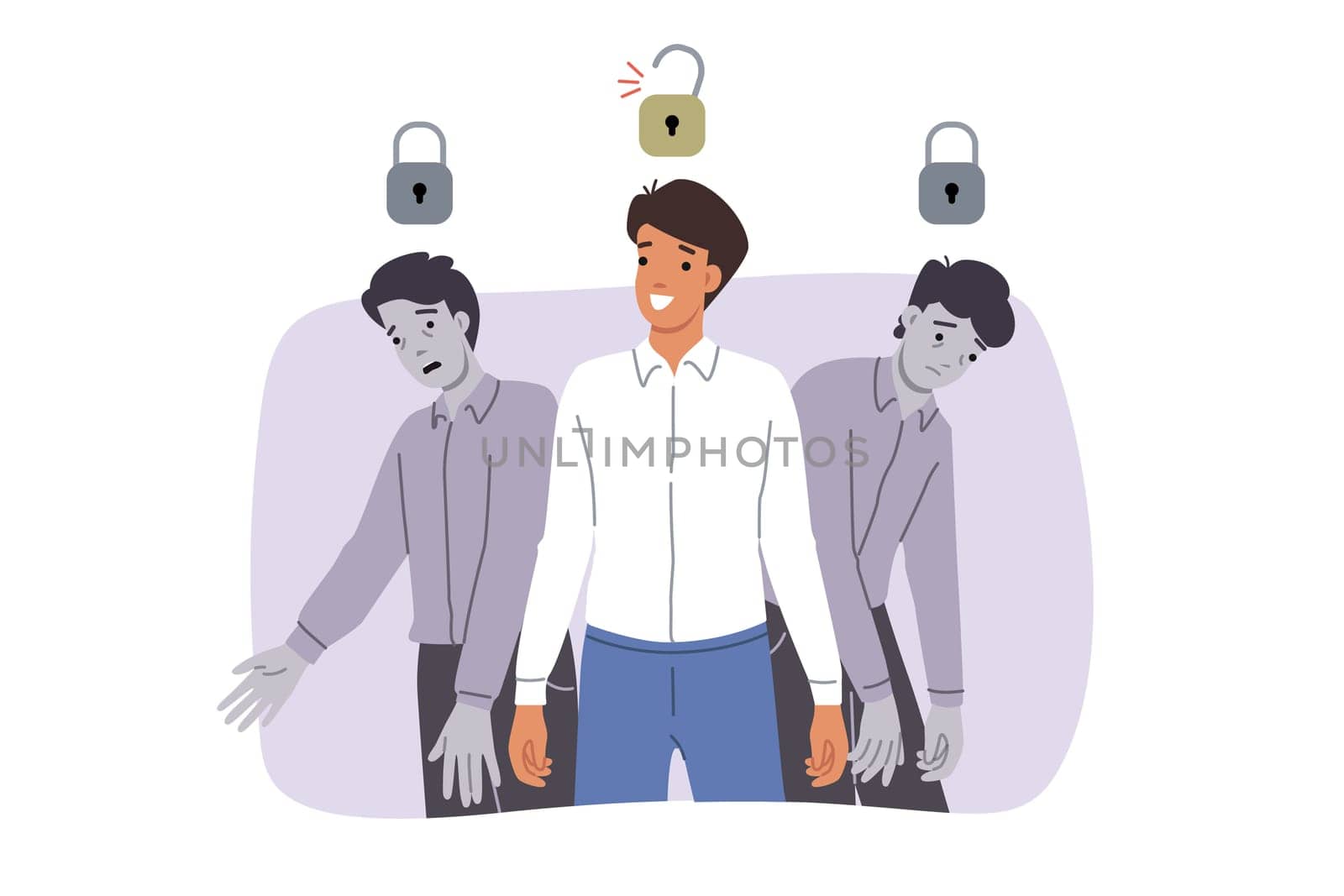 Free man stands among slaves who have become victims of mind control and sociocultural patterns. Free guy feels superior to colleagues, thanks to non-conformity and readiness to fight for rights