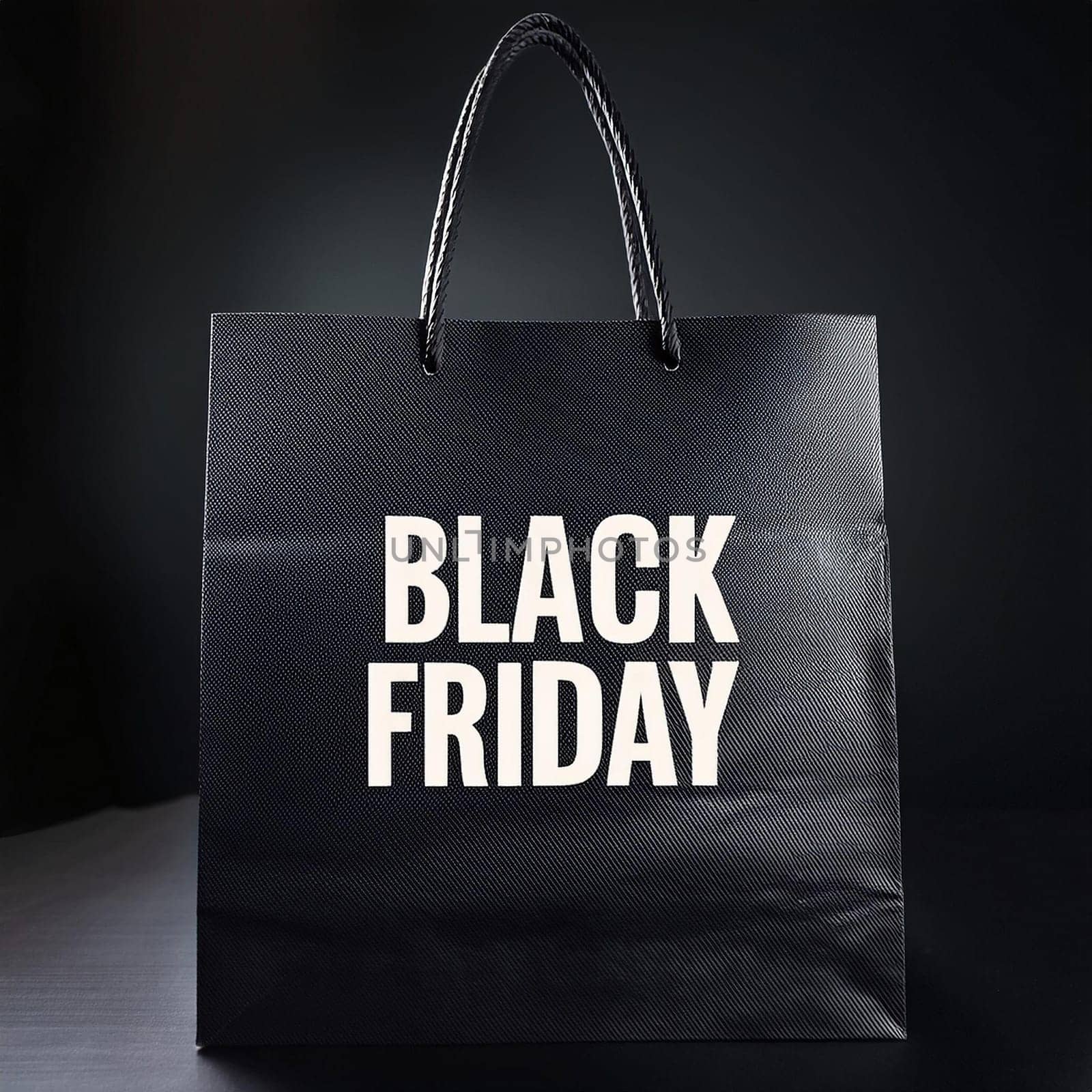 White Black Friday Text on a Black Shopping Bag, Studio Shot, Dark Background, AI generated image