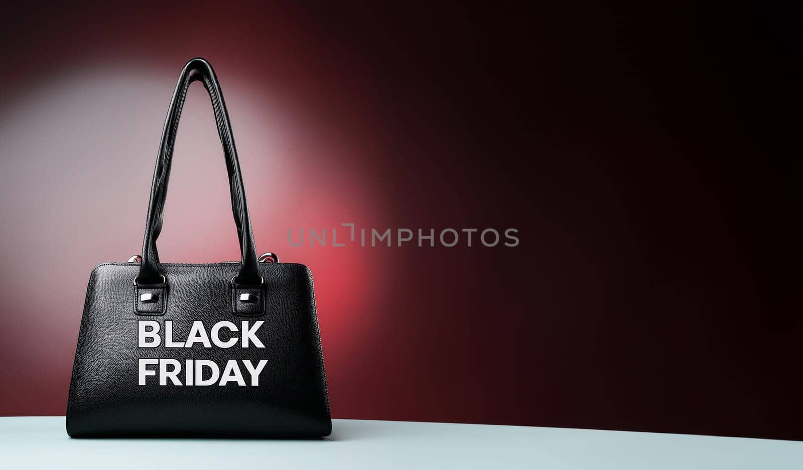 Black Friday Text on Elegant Purse, Studio Shot on Dark Red Background with Copy Space, AI generated image