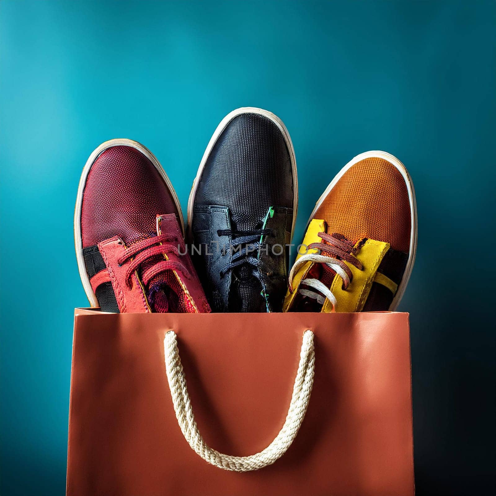 Shopping Bag Full of Colorful Shoes, Studio Shot, Blue Background. AI generated image