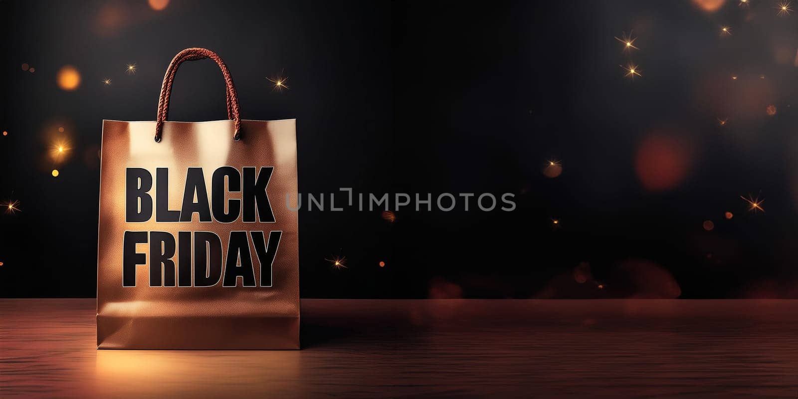 Black Black Friday Text on a Golden Shopping Bag, Studio Shot with Copy Space, Dark Background, AI generated image
