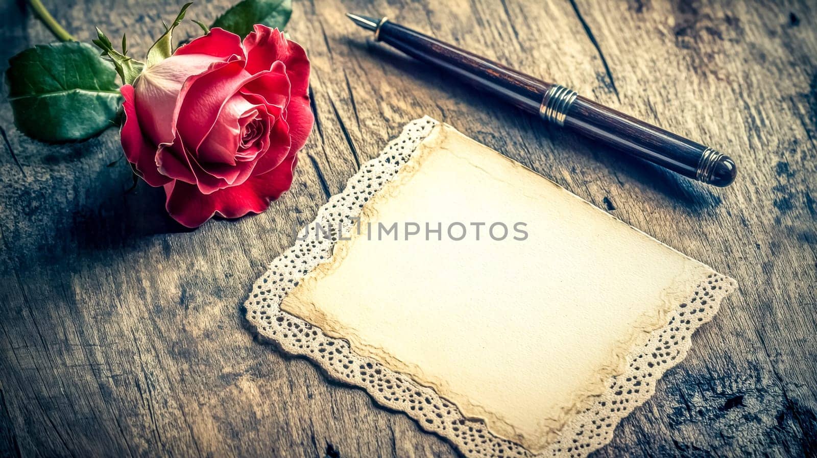 Romantic composition with red rose laying on rustic wooden desk next to empty paper with copy space and elegant fountain pen