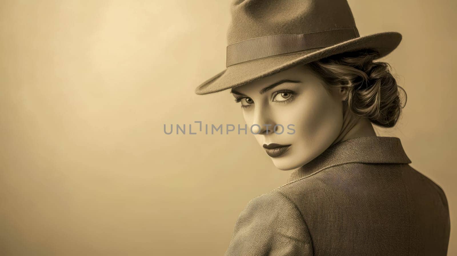 Stylish woman in hat and jacket gazes over shoulder against sepia backdrop, exuding retro charm. Elegant, glamorous, mysterious, confident with seductive allure