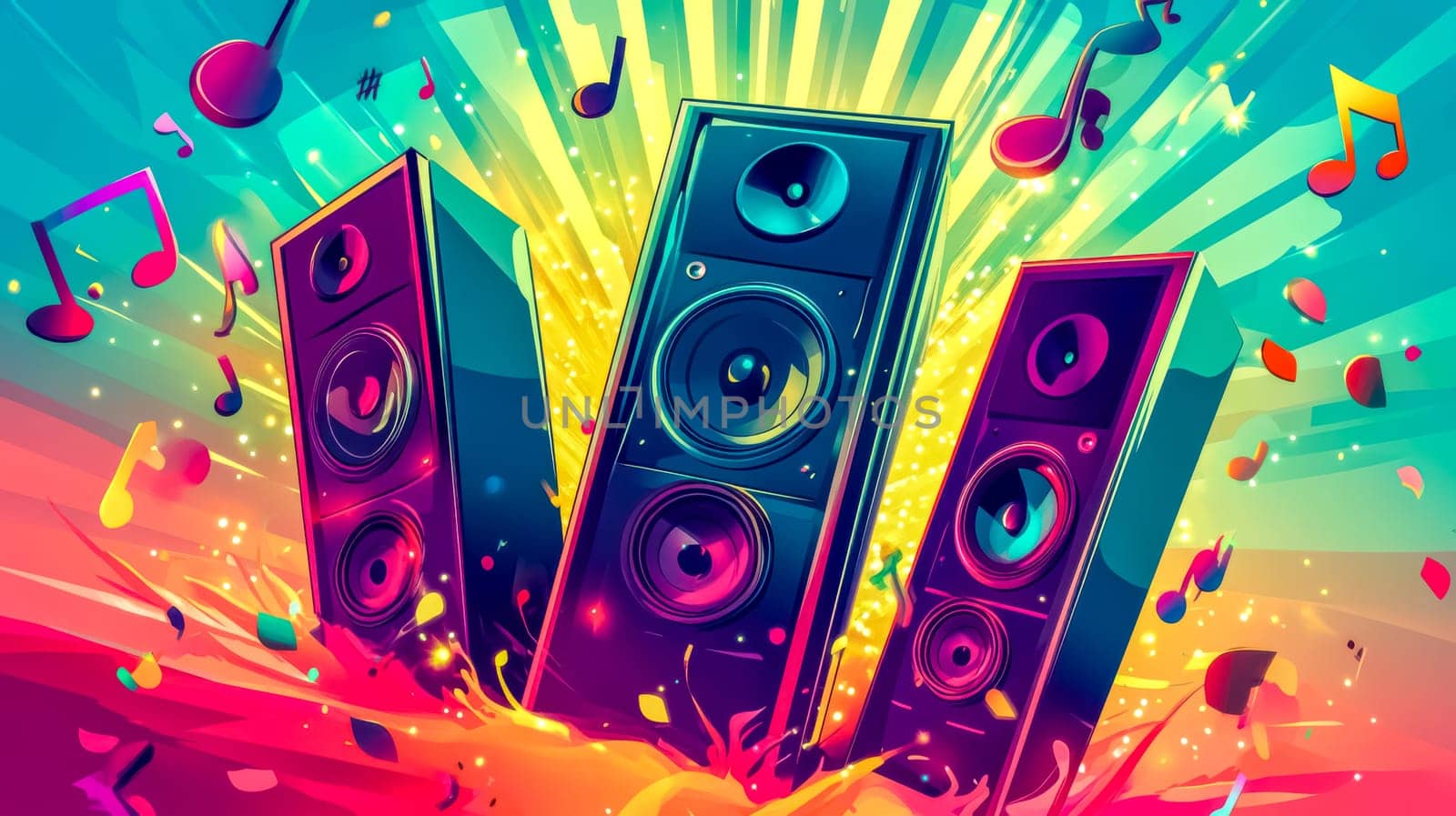 Vibrant sound waves burst from speakers at a lively party, creating an energetic atmosphere. Get ready to be immersed in the dynamic beat.